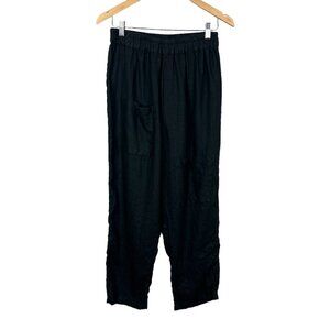 Linen Pants Womens Large Black Lagenlook Minimalist Straight Leg Cropped Stretch